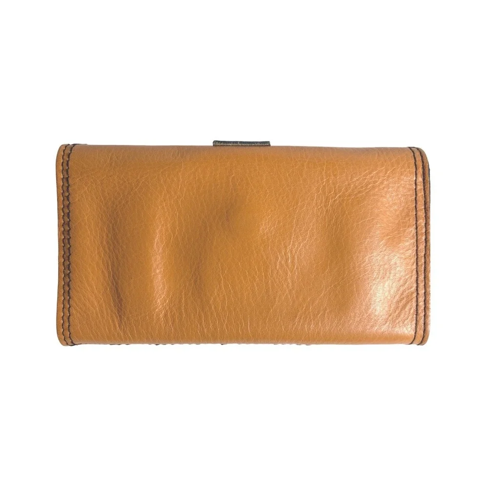 Vintage 70s Tan Genuine Leather Wallet Clutch Boho Western Pebble‎ Grain Tan